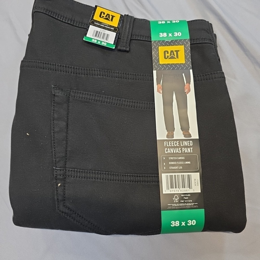 CAT Men's Straight Leg Fleece Lined Stretch Canvas Work Pants Black 38 x 30 NWT